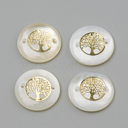 Freshwater Shell Links connectors, Flat Round & Tree, Golden, 16x4mm, Hole: 1.1~1.5mm(X-SHEL-Q009-003G)
