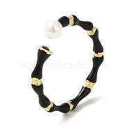 Black Enamel Bamboo Joint Open Cuff Ring with ABS Plastic Pearl Beaded, Brass Jewelry for Women, Cadmium Free & Nickel Free & Lead Free, Real 18K Gold Plated, US Size 8(18.1mm)(RJEW-H120-08G)
