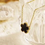 Golden Stainless Steel Flower Pendant Necklaces with Natural Shell for Women, Black, 16.54 inch(42cm)(RH7292-1)