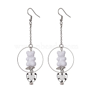 Acrylic Bear & Lampwork Heart Dangle Earrings, 304 Stainless Steel Long Drop Earrings, WhiteSmoke, 90x30.5mm(EJEW-JE05416-02)