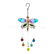 Glass Teardrop Pendant Decorations, with Metal Dragonfly Link, for Garden Outdoor Decoration, Colorful, 360mm(WG34322-01)