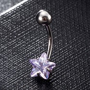 Piercing Jewelry, Brass Cubic Zirciona Navel Ring, Belly Rings, with Stainless Steel Findings, Lead Free & Cadmium Free, Star, Lilac, 20mm, Star: 8mm; Pin: 1.5mm(AJEW-EE0006-50D)