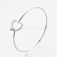 304 Stainless Steel Bangles, with 201 Stainless Steel Beads, Heart, Stainless Steel Color, 2-3/8 inch(6.2cm)x2-3/8 inch(6cm), 2mm(X-STAS-N084-03)