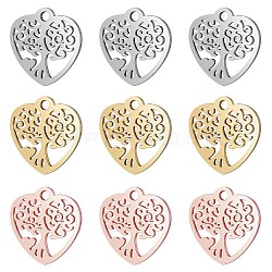 BENECREAT 12Pcs 3 Color 201 Stainless Steel Pendants, Heart with Tree, Mixed Color, 15.5x15.5x1mm, Hole: 1.8mm, 4pcs/color(STAS-BC0002-75)