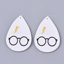 PU Leather Big Pendants, Single-Sided, teardrop, with Glasses, White, 56x36.5x2mm, Hole: 1.2mm(X-FIND-R072-10-B08)