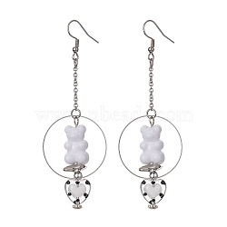 Acrylic Bear & Lampwork Heart Dangle Earrings, 304 Stainless Steel Long Drop Earrings, WhiteSmoke, 90x30.5mm(EJEW-JE05416-02)