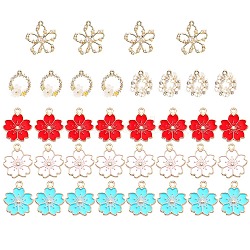Alloy Enamel Pendants, with Acrylic and Crystal Rhinestone, Round Ring with Flower, Colorful, Light Gold, 22~23x18.5x5mm, Hole: 1.6mm, 36pcs/box(ENAM-SZ0001-09LG)
