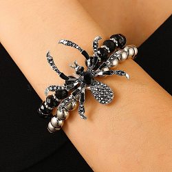 Punk Style Alloy Plastic Charm Bracelets, Jewely for Women, Spider, Platinum, Inner Diameter: 1-7/8 inch(4.85cm)(BJEW-K269-01P)