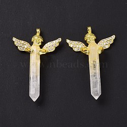 Natural Quartz Crystal Faceted Double Terminal Pointed Big Pendants, Rock Crystal, Angel Charms, with Golden Tone Brass Findings, 54~56x34~36x11~12mm, Hole: 3mm(G-H281-09G-04)