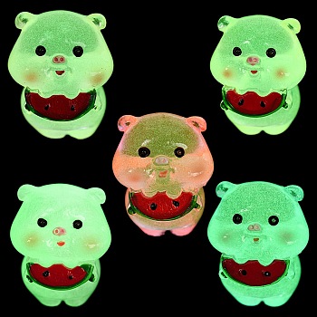 Luminous Resin Pig with Watermelon Display Decoration, Micro Landscape Decorations, Glow in the Dark, Mixed Color, 26x29x34.5mm