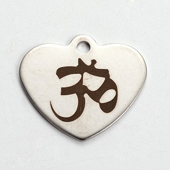 Stainless Steel Heart Pendants, with Aum/Om Symbol Pattern, Stainless Steel Color, 21x24x1mm, Hole: 2mm