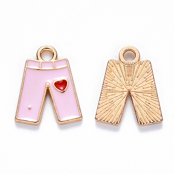 Alloy Enamel Charms, Pants with Heart Pattern, Light Gold, Pink, 15x12x1.5mm, Hole: 1.8mm
