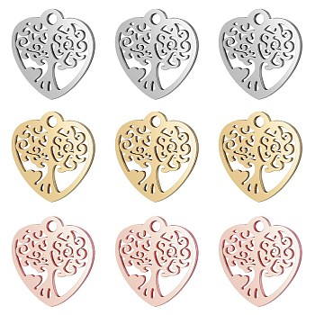 BENECREAT 12Pcs 3 Color 201 Stainless Steel Pendants, Heart with Tree, Mixed Color, 15.5x15.5x1mm, Hole: 1.8mm, 4pcs/color