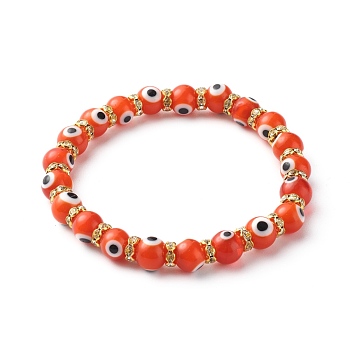 Handmade Evil Eye Lampwork Beaded Stretch Bracelets, with Flat Round Brass Rhinestone Beads, Orange, Inner Diameter: 2-1/2 inch(6.3cm)