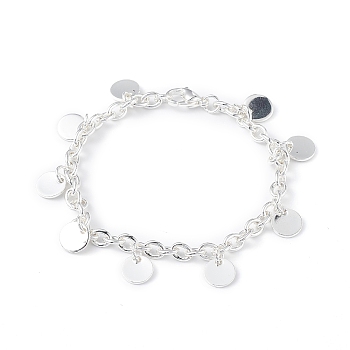 304 Stainless Steel Flat Round Charm Bracelets with Cable Chains for Women, Silver, 7-3/8 inch(18.7cm)