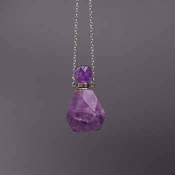 Natural Amethyst Perfume Bottle Necklace, with Stainless Steel Chains, 17.72 inch(45cm)