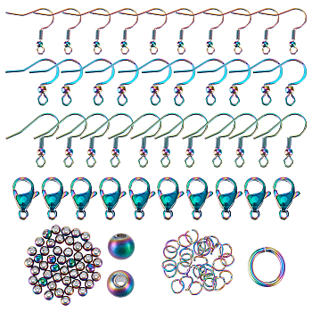 Elite DIY Earring Making Finding Kit, Including 304 Stainless Steel French Earring Hooks & Lobster Claw Clasps & Jump Rings & Round Beads, Rainbow Color, 120Pcs/box