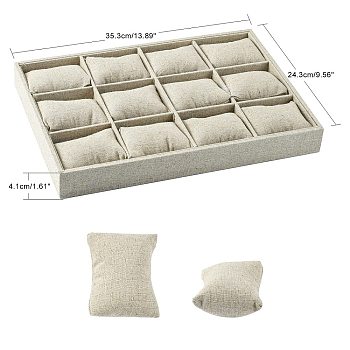 Wood Covered with Imitation Burlap Jewelry Bracelet Displays, 12 Grids Pillows Without Lid Tray Jewelry Storage Holder, Rectangle, Tan, 353x243x41mm