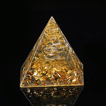 Orgonite Pyramid Resin Display Decorations, with Brass Findings, Gold Foil and Natural Quartz Crystal Chips Inside, for Home Office Desk, 30mm
