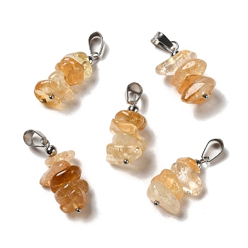 Natural Citrine Chip Pendants, Lucky Charms with Stainless Steel Color Plated Stainless Steel Snap on Bails, 24~27x11~14x7~10mm, Hole: 7x4mm