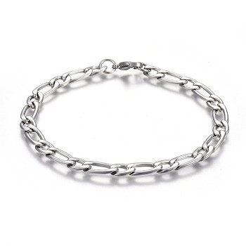 Tarnish Resistant 304 Stainless Steel Figaro Chain Bracelets, with Lobster Claw Clasps, Stainless Steel Color, 8-5/8 inch(21.8cm), 6mm