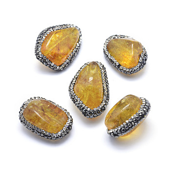 Natural Citrine Beads, with Polymer Clay Rhinestone, Nuggets, Dyed & Heated, Goldenrod, 28~32x10~16x19~22mm, Hole: 0.8mm