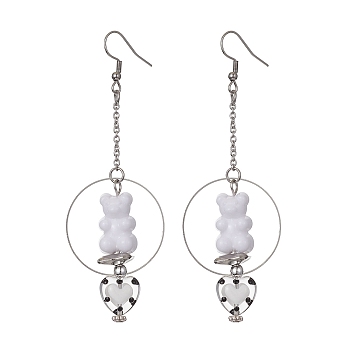Acrylic Bear & Lampwork Heart Dangle Earrings, 304 Stainless Steel Long Drop Earrings, WhiteSmoke, 90x30.5mm
