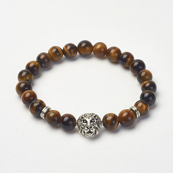 Natural Tiger Eye Beaded Stretch Bracelets, with Alloy Beads, Antique Silver, 2 inch(50mm)