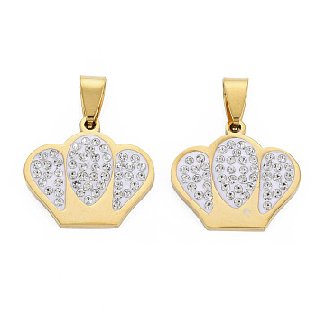 201 Stainless Steel Pendants, with Crystal Rhinestone and Stainless Steel Snap On Bails, Crown, Golden, 20x22x3mm, Hole: 4x8mm
