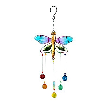Glass Teardrop Pendant Decorations, with Metal Dragonfly Link, for Garden Outdoor Decoration, Colorful, 360mm