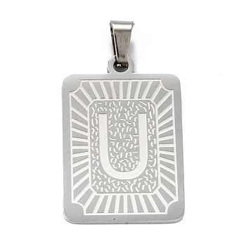 304 Stainless Steel Pendants, Rectangle with Alphabet, Letter.U, 30x20x1.5mm, Hole: 3x6mm