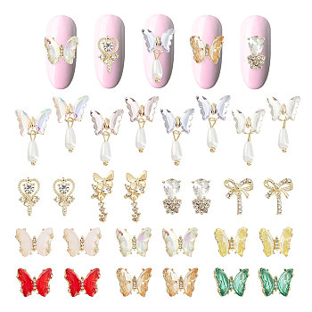 28Pcs 14 Style Alloy Cabochons, with Resin Imitation Pearl Beads & Glass & Rhinestone, Nail Art Decoration Accessories, Bowknot & Butterfly & Heart, Mixed Color, 10~21x8~12.5x2.7~5mm, 2pcs/style