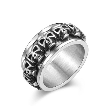 Stainless Steel Skull Rotatable Finger Ring, Spinner Fidget Band Anxiety Stress Relief Punk Ring for Men Women, Antique Silver, US Size 7(17.3mm)