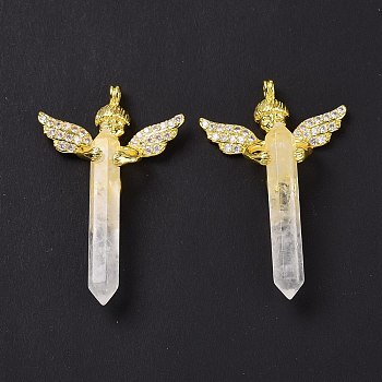 Natural Quartz Crystal Faceted Double Terminal Pointed Big Pendants, Rock Crystal, Angel Charms, with Golden Tone Brass Findings, 54~56x34~36x11~12mm, Hole: 3mm