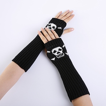 Polyacrylonitrile Fiber Yarn Knitting Long Fingerless Gloves, Arm Warmer, Winter Warm Gloves with Thumb Hole, Skull Pattern, Black, 295~330x80mm