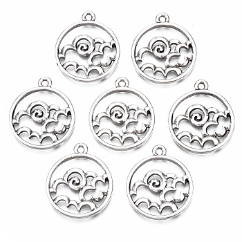 Tibetan Style Alloy Pendants, Cadmium Free & Nickel Free & Lead Free, Flat Round with Auspicious Cloud Pattern, Thailand Sterling Silver Plated, 23x20x2mm, Hole: 1.6mm