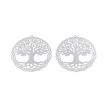 201 Stainless Steel Pendants, Etched Metal Embellishments, Flat Round with Tree of Life, Stainless Steel Color, 0.57