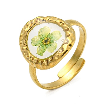 Brass Adjustable Rings for Women, Cadmium Free & Lead Free, with Epoxy Resin & Dried Flower inside, Real 18K Gold Plated, Flat Round, 15mm, Inner Diameter: 17mm