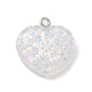 Acrylic Pendant, with Iron Findings, Glitter, Valentine Heart with Snowflake, White, 20.5x20x6.5mm, Hole: 2mm(OACR-H030-01B)