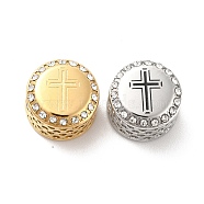 304 Stainless Steel European Beads, with Enamel & Rhinestone, Large Hole Beads, Flat Round with Cross, Golden & Stainless Steel Color, 12x8mm, Hole: 4mm(STAS-D180-24)