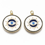 Brass Micro Pave Colorful Cubic Zirconia Pendants, with Jump Rings and Enamel, Nickel Free, Flat Round with Evil Eye, Real 16K Gold Plated, Colorful, 24x21.5x2.5mm, Jump Ring: 5x1mm, 3mm inner diameter(ZIRC-S067-196-NF)