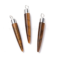 Natural Tiger Eye Brass Pendants, Cadmium Free & Lead Free, Bullet Shaped, Silver Color Plated, 33~37x4~5mm, Hole: 2mm(G-B025-02P-14)