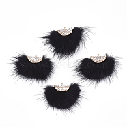 Faux Mink Fur Tassel Pendant Decorations, with Rhinestone and Alloy Findings, Fan, Golden, Black, 24~28x29~34x8mm, Hole: 1.5mm(FIND-T040-20)