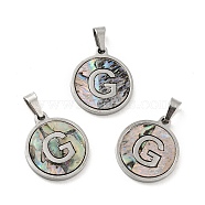 304 Stainless Steel with Paua Shell Pendants, Stainless Steel Color, Flat Round with Letter Charm, Letter.G, 18x16x1.5mm, Hole: 3x6mm(STAS-G268-02G-P)