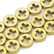 Electroplate Non-magnetic Synthetic Hematite Beads Strands, Flat Round with Cross, Golden Plated, 10x3mm, Hole: 1mm, about 39pcs/strand, 15.3 inch(G-T061-107G)