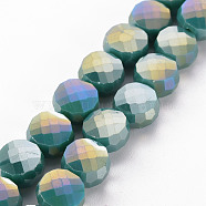 Opaque Electroplate Glass Beads Strands, AB Color Plated, Faceted, Flat Round, Dark Cyan, 8x5mm, Hole: 1.5mm, about 72~73pcs/strand, 20.87 inch(53cm)(EGLA-N007-002-B03)