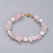 Natural Rose Quartz Chip Beaded Bracelets, with Shell Pearl Round Beads, Brass Beads and 304 Stainless Steel Lobster Claw Clasps, 7-1/4 inch(18.5cm)(BJEW-JB04933-01)