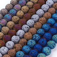 Vacuum Plating Electroplated Natural Lava Rock Bead Strands, Round, Mixed Color, 12mm, Hole: 1.5mm, about 33pcs/strand, 15.35 inch(39cm)(G-E432-12mm-01)