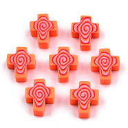 Handmade Polymer Clay Beads, Cross, Orange Red, 12x10x4.5mm, Hole: 1.6mm(CLAY-T020-30H)