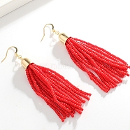 Boho Seed Bead Tassel Earrings, Iron Dangle Earring for Women, Golden, Red, 98x16mm(EJEW-Z072-03A)